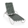 Three-quarter front view of an adjustable outdoor pool chaise lounge with a white metal frame, curved side rails, and dark Holly Green woven vinyl straps.