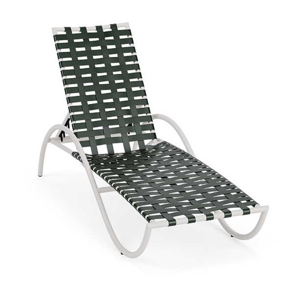 Three-quarter front view of an adjustable outdoor pool chaise lounge with a white metal frame, curved side rails, and dark Holly Green woven vinyl straps.