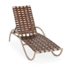 Three-quarter front perspective view of a commercial outdoor chaise lounger with an adjustable backrest, a textured antique beige frame, and rich Saddle brown vinyl cross-weave straps.