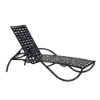 Side perspective view of a commercial pool chaise lounger featuring an adjustable backrest, an s-shaped sweeping frame in black aluminum, and a black vinyl cross-weave strap surface.