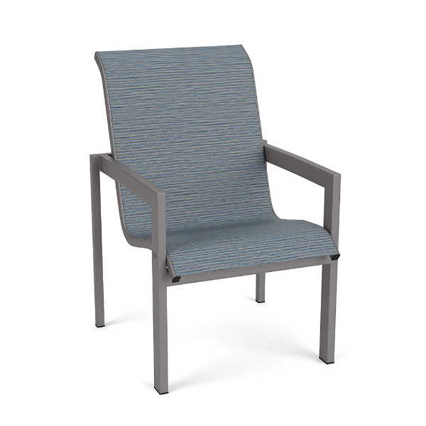 Three-quarter front perspective view of a stackable commercial outdoor dining chair with a metallic Titanium Gray powder-coated frame and a textured, woven slate blue Kozo Jewel sling.