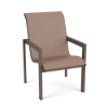 Three-quarter front view of a commercial outdoor dining arm chair with a dark brown Textured Espresso finish and a multi-tone beige and apricot woven Windsor Apricot sling.