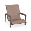 Three-quarter view of a low-profile commercial outdoor sling chair with a dark bronze-brown Textured Espresso frame and a multi-tone beige and soft orange Windsor Apricot woven sling.