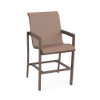 Three-quarter front perspective view of a commercial patio bar stool featuring a dark bronze-brown Textured Espresso aluminum frame and a multi-tone brown and soft orange Windsor Apricot woven sling.