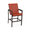 Three-quarter front perspective view of a commercial outdoor sling bar chair featuring a dark Coffee Bean brown frame and a rich rust-red Metallica Salsa fabric sling seat.
