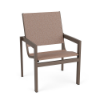 Three-quarter front perspective view of a commercial patio dining chair featuring a dark bronze-brown Textured Espresso aluminum frame and a woven multi-tone brown and muted orange Windsor Apricot double sling.