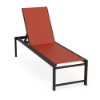 High-angle front-three-quarter view of an ADA-compliant commercial patio chaise lounge featuring a Coffee Bean dark brown frame, adjustable back, and a vibrant rust-red Metallica Salsa sling.
