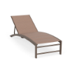 Three-quarter perspective view of an outdoor commercial padded chaise lounge with an arched Textured Espresso aluminum frame and a multi-tone brown and soft orange Windsor Apricot cushioned sling.