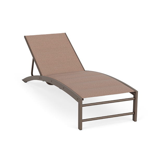 Three-quarter perspective view of an outdoor commercial padded chaise lounge with an arched Textured Espresso aluminum frame and a multi-tone brown and soft orange Windsor Apricot cushioned sling.