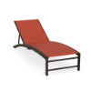 High-angle front perspective view of a commercial patio padded sling chaise lounge featuring a dark Coffee Bean brown aluminum frame and a vibrant rust-red Metallica Salsa cushioned sling.