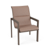 Front three-quarter view of an outdoor dining armchair with a dark Textured Espresso aluminum frame and a multi-tone brown and soft orange Windsor Apricot padded sling.