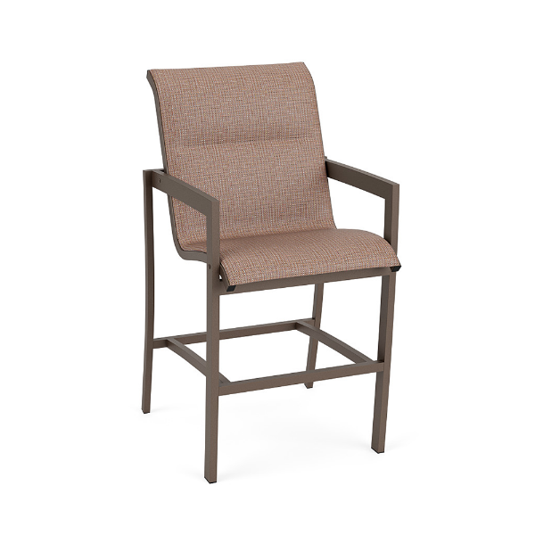 Three-quarter view of an outdoor bar height chair with a rich Textured Espresso finish aluminum frame and a neutral, warm multi-toned Windsor Apricot padded fabric sling.