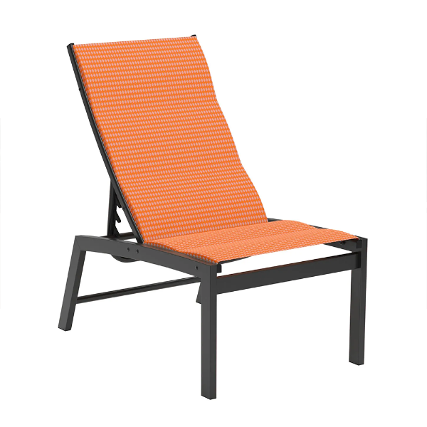 Three-quarter view of an armless commercial outdoor reclining lounge chair featuring a dark charcoal gray powder-coated aluminum frame and a bright textured orange padded sling backrest and seat.