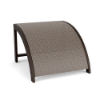 Front perspective view of a curved commercial pool deck ottoman with a dark Coffee Bean brown aluminum frame and a multi-tone beige and brown woven sling top.