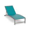 Three-quarter view of an outdoor commercial pool deck chaise lounge with a Titanium Gray metallic frame and vibrant turquoise Aruba MGP surface slats.