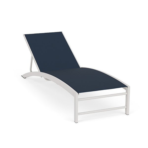 Front three-quarter view of a commercial pool deck chaise lounge featuring a Sky White powder-coated aluminum frame and a dark navy blue Dupione Sapphire sling fabric bed.