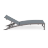 Side profile view of an adjustable commercial outdoor chaise lounge with a Titanium Gray frame, showing the multi-position backrest adjustment bracket and a textured slate blue Kozo Jewel sling top.