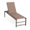 Front three-quarter view of an elevated ADA accessible pool deck chaise lounge featuring a dark Textured Espresso aluminum frame and a neutral apricot woven Windsor Apricot padded sling.