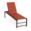 Three-quarter view of an ADA accessible outdoor chaise lounge showing an elevated dark Coffee Bean aluminum frame with a rich burnt-orange Metallica Salsa padded sling seat.