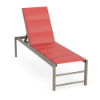 Front perspective view of an ADA compliant commercial lounge chair constructed with a warm beige Satin Amber frame and a vibrant coral red Straw Mat padded sling surface.