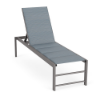 Front three-quarter perspective view of an ADA height commercial pool chaise lounge with a Titanium Gray metal frame and a padded slate blue Kozo Jewel sling top.