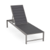 Front three-quarter view of an adjustable commercial outdoor chaise lounge with a Platinum powder-coated aluminum frame and dark Susquehanna Grey Marine Grade Polymer (MGP) slatted surface.