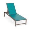 Front three-quarter view of an outdoor commercial pool deck chaise lounge featuring a Textured Espresso frame contrasted with vibrant turquoise Aruba Blue MGP slats.