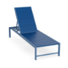 Three-quarter perspective view of a heavy-duty commercial lounge chair designed with a Steel Blue powder-coated frame and bright Royal Blue MGP slat seat and backrest.