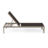 Side profile view of a commercial pool lounge chair featuring a warm Satin Amber aluminum frame with a multi-position reclined backrest and dark brown Northeastern MGP slats.