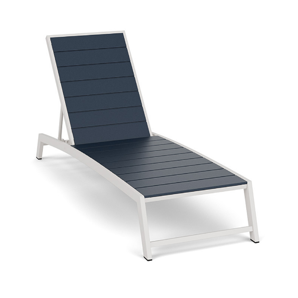 Front three-quarter perspective view of an adjustable commercial chaise lounge featuring modern angled Sky White aluminum legs and dark navy blue Dupione Sapphire Marine Grade Polymer (MGP) slats.