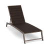 Front three-quarter view of a commercial chaise lounge built with a dark Textured Espresso frame and rich dark brown Northeastern Walnut wood-grain MGP slats.