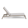 Side view profile of a commercial outdoor pool chaise lounge with a warm Satin Amber powder-coated frame, showing the reclined backrest mechanism and bright white MGP slats.
