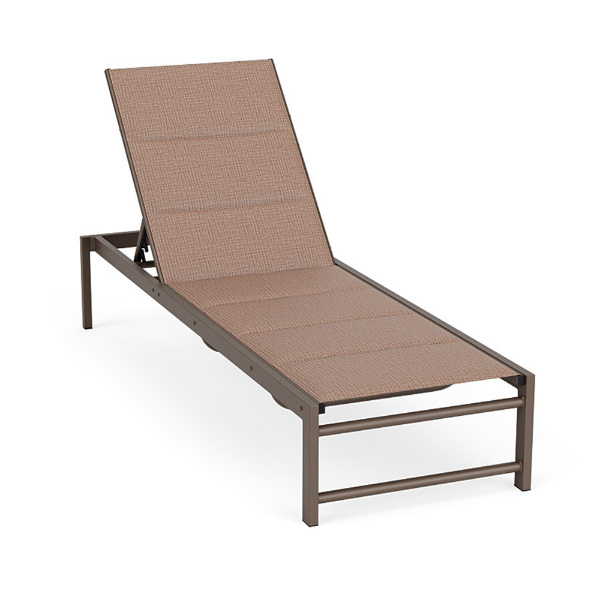 Front three-quarter perspective view of a commercial patio chaise lounge designed with a dark Textured Espresso frame and a neutral apricot woven Windsor Apricot padded sling.