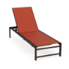 Front perspective view of a commercial chaise lounge featuring a dark Coffee Bean powder-coated metal frame and a bold burnt-orange Metallica Salsa padded sling bed.