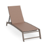 Front three-quarter view of a modern commercial chaise lounge with a dark Textured Espresso aluminum frame and a woven neutral apricot Windsor Apricot sling surface.