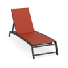 Three-quarter view of a commercial outdoor pool chaise lounge designed with a dark Coffee Bean powder-coated aluminum frame and a burnt-orange Metallica Salsa sling top.