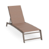 Front three-quarter view of a modern commercial chaise lounge designed with a dark Textured Espresso aluminum frame and a neutral apricot woven Windsor Apricot padded sling bed.
