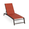 Three-quarter perspective view of a commercial pool deck chaise lounge with a dark Coffee Bean powder-coated aluminum frame and a bold burnt-orange Metallica Salsa padded sling bed.