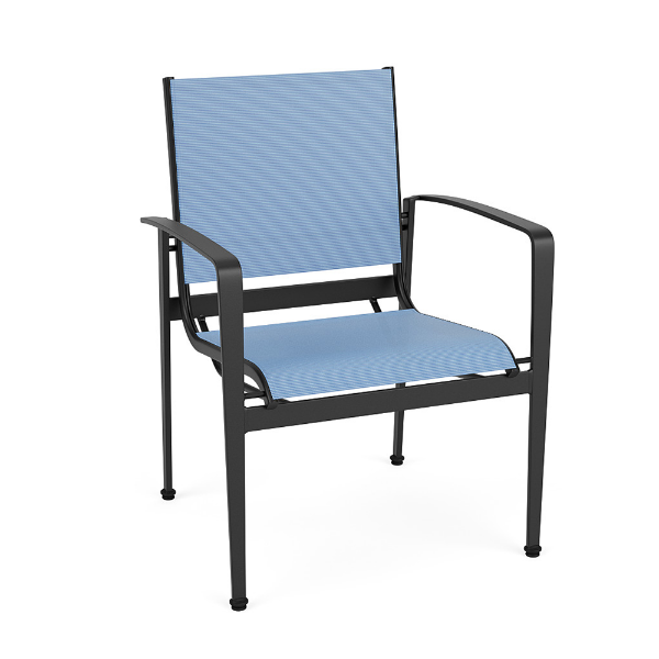 Front three-quarter perspective view of an outdoor patio dining chair featuring a matte Starlight Black powder-coated frame and a light sky-blue Poolside sling fabric seat and back.