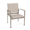 Front three-quarter perspective view of a stackable commercial outdoor dining armchair featuring a warm beige Satin Amber aluminum frame and a light-neutral textured Cane Oyster sling seat and backrest.