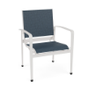 Front perspective view of a commercial outdoor dining armchair constructed with a clean Sky White aluminum frame and a textured denim-blue Streamline Azure sling backrest and seat.