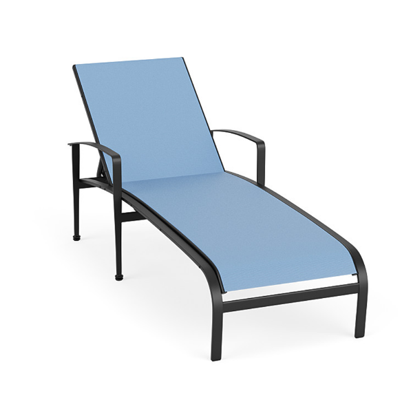 Front three-quarter view of an outdoor pool deck chaise lounge featuring a matte Starlight Black powder-coated frame with integrated armrests and a bright sky-blue Poolside sling bed.