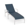 Front perspective view of a commercial chaise lounge with arms, featuring a clean Sky White aluminum frame paired with a textured dark blue Streamline Azure sling bed.