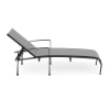 Side profile view of an adjustable commercial pool chaise lounge with arms, built with a matte Starlight Black frame and a woven metallic silver-gray Metallica Platinum sling surface.