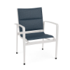 Front perspective view of a commercial outdoor dining armchair built with a clean Sky White aluminum frame and a textured denim-blue Streamline Azure padded sling.