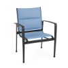 Front three-quarter view of an outdoor dining armchair constructed with a matte Starlight Black frame and a soft sky-blue Poolside padded sling back and seat.