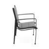 Side profile view of a modern patio dining armchair designed with a smooth Starlight Black frame and a woven metallic silver-gray Metallica Platinum padded sling surface.