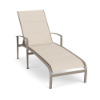 Front three-quarter view of an adjustable commercial pool chaise lounge with arms, constructed with a warm beige Satin Amber powder-coated frame and a soft beige Cane Oyster padded sling surface.