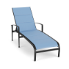 Front three-quarter perspective view of a commercial patio chaise lounge built with a matte Starlight Black frame and a sky-blue Poolside padded sling bed.