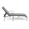 Side profile view of a modern commercial outdoor pool lounge chair featuring a matte Starlight Black frame, integrated armrests, and a metallic silver-gray Metallica Platinum padded sling bed.